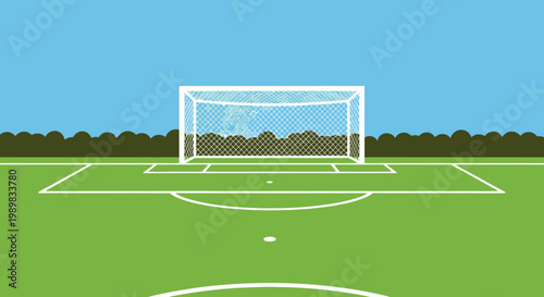 Empty Green Soccer Football Field with Goal Under Blue Sky, Ready for Match