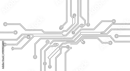 Detailed Printed Circuit Board Outline Diagram, Electronic Motherboard Connection Pattern on Isolated White Background