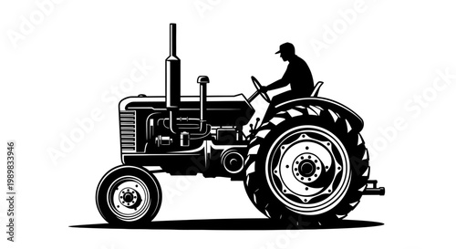 Farmer Operating Classic Tractor Silhouette, Traditional Farm Vehicle with Man Driving on Isolated White Background