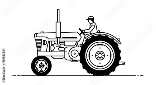 Farmer Driving Vintage Tractor Side View, Old Agricultural Machine Operated by Man on Isolated White Background