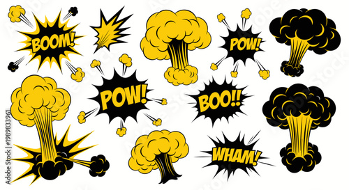 Set of comic explosion effects and speech bubbles with text like Boom, Pow, Wham, isolated white background.