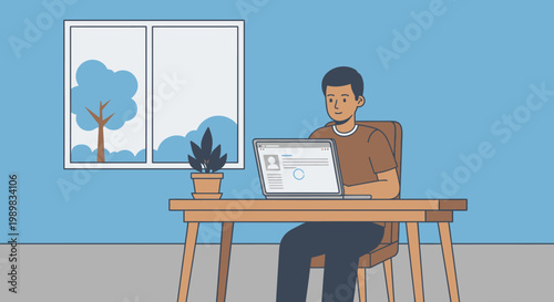 Young man focused on working from home on laptop in a bright room with a plant, Casual male freelancer telecommuting in his home office, Productive person typing on computer with window view.