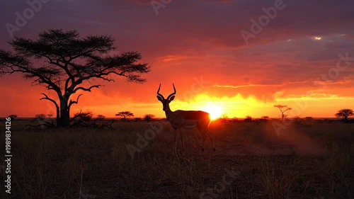 Impala Silhouetted Against Fiery African Sunset