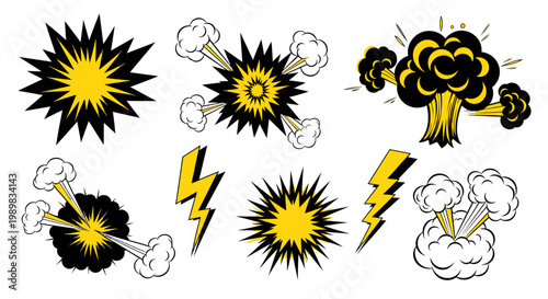 Comic Speech Bubbles and Explosion Graphics Set, Cartoon Lightning Bolts on Isolated White Background