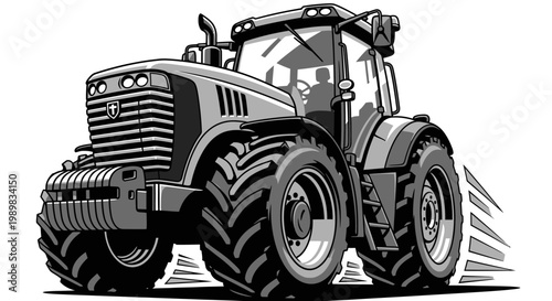 Dynamic grayscale illustration of a powerful modern farm tractor with large wheels and detailed design, depicted in motion.