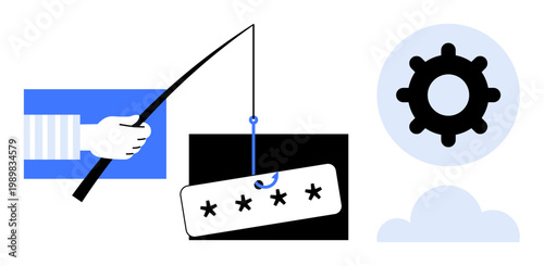Phishing concept. Phishing attack with a fishing hook targeting password security. Phishing risks in cybersecurity and cloud technology. For tech security, data safety, online protection, cloud