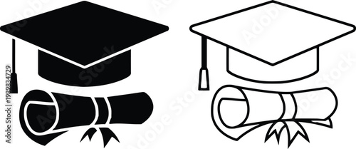 Graduation mortarboard cap and diploma scroll icons in solid and outline styles