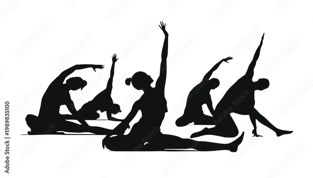 © mian - Group of women perform yoga stretches and fitness exercises in a studio setting represented by black silhouettes on a white backdrop.