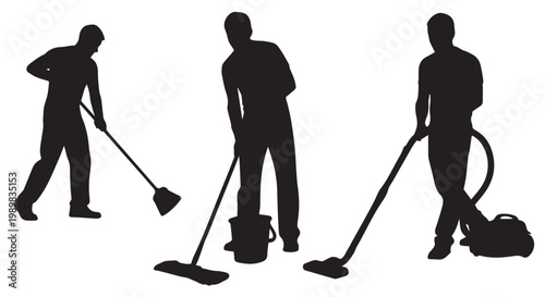 Professional cleaning worker silhouettes using broom and mop tools representing janitorial services, sanitation, and housekeeping activities in workplace environments