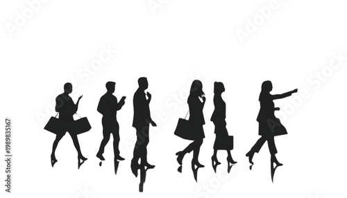 Shoppers walk across a bright space carrying various bags, showcasing a group of diverse individuals engaged in retail activity and consumer lifestyle trends on a plain white backdrop.