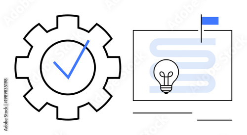 Business process symbols. Gear with checkmark, progress path, and idea lightbulb efficiency, innovation, and workflow management. Perfect for technology, startups, and project management visuals