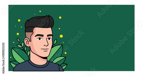 Illustration of a young man with dark hair and foliage accents