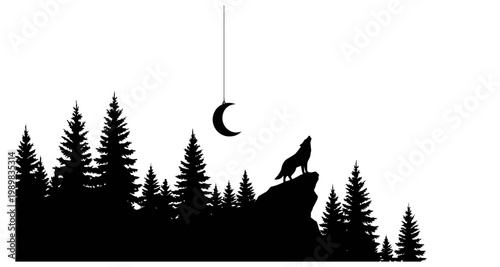 A silhouetted wolf howls at a crescent moon amidst a dark forest scene