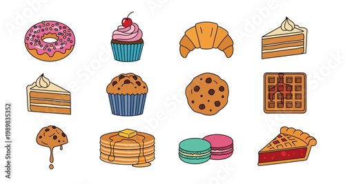 Colorful cartoon illustrations of various sweet pastries and desserts