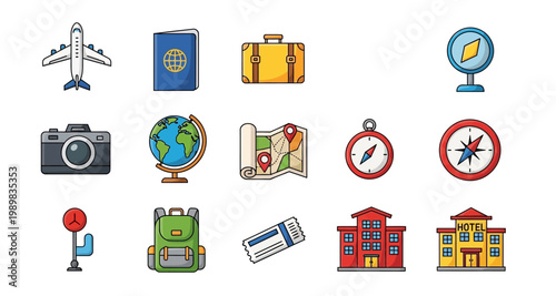 Colorful travel icons depicting various elements associated with journeys and destinations
