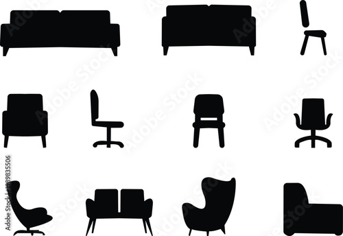 Chair icons set. Chairs of different shapes and styles. classical and modern. Interior Design, Armchair home Furniture black icon, Pixel perfect vector graphics, for mobile concept and web pages