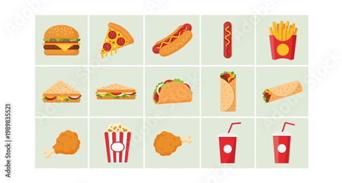 Colorful cartoon illustration featuring various fast food items arranged in a grid