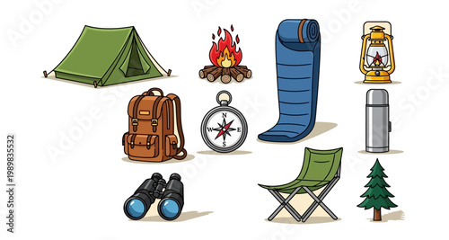 Camping equipment illustration featuring a tent campfire and various outdoor gear