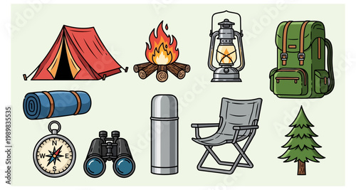Cartoon illustration of camping equipment including a tent fire and backpack