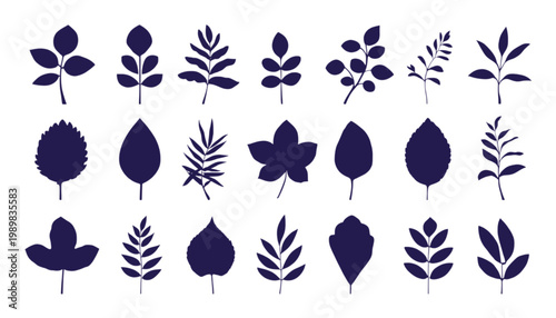 Leaves arranged in a grid display various botanical shapes and silhouettes to provide a versatile collection of natural design elements for creative projects that require organic patterns.