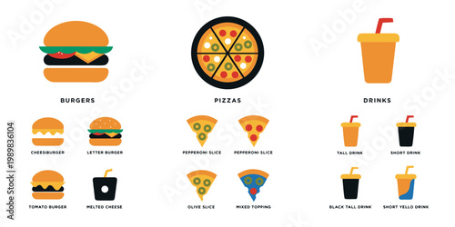 Flat design fast food icons collection with various burgers pizzas drink cups different toppings and options pizza slice cold drink white background unhealthy food junk food service
