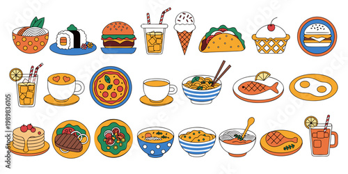 Diverse collection of popular food and drink icons in a modern flat line art style international cuisine fast food breakfast items desserts beverages with flat design ice cream iced drink iced tea