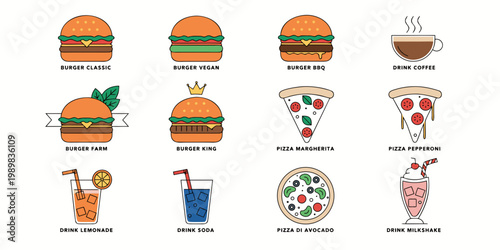 Various fast food and beverage outline icons classic vegan bbq burgers margherita pepperoni avocado pizzas coffee lemonade soda milkshake drinks with flat color burger classic margherita pizza