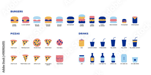 Large collection of flat design icons showcasing diverse burgers pizza slices various drink containers like cans bottles cups with fast food white background classic burger grilled burger ice cube
