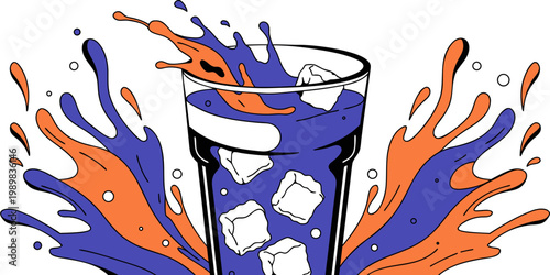 Refreshing cold purple drink with ice cubes and dynamic orange and purple splashes cool down refreshing beverage cocktail transparent droplets illustration restaurant abstract creative