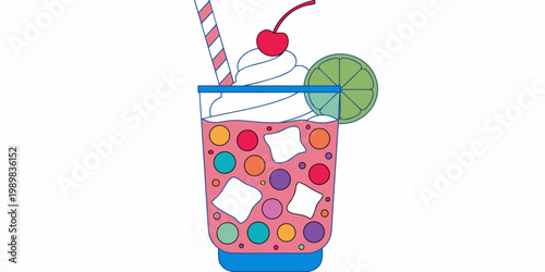 Colorful pink beverage with whipped cream cherry lime striped straw a summer drink illustration with ice cubes and decorative elements white background flat design frozen drink beverage milkshake