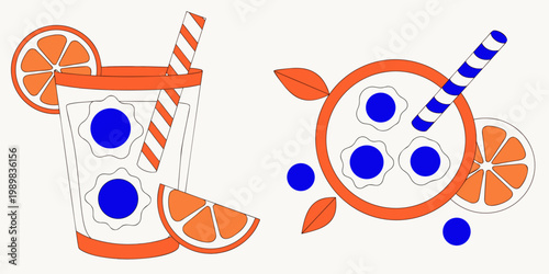 Graphic illustration of orange-themed drinks and desserts with blue circles slices of orange straws leaves on a light background flat design white background sweet treat beverage illustration