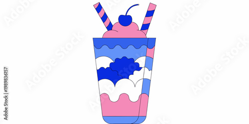 Layered pink and blue dessert drink with whipped cream cherry two striped straws a cartoon illustration with cloud-like shapes white background flat design sweet treat beverage milkshake