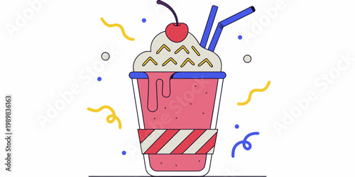 Festive pink party drink with whipped cream yellow sprinkles cherry blue straws confetti a striped wrapper a celebration illustration white background flat design refreshing drink celebration
