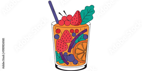 Berry fruit smoothie with strawberries cherries blueberries and orange slice in a glass with mint and purple straw flat graphic illustration white background smoothie strawberry blueberry