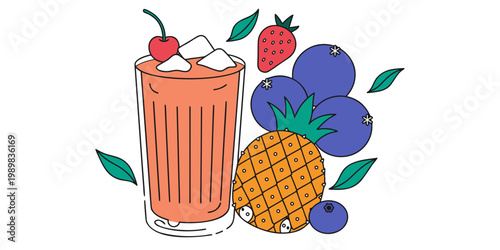 Refreshing orange juice in a tall glass with ice and cherry garnished with fresh pineapple blueberries and strawberry flat graphic illustration white background pineapple blueberry strawberry