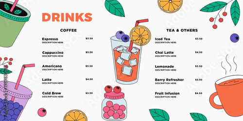 Colorful drinks menu with coffee tea refreshers vector illustration for cafes cold brew iced tea chai latte berry refresher fruit infusion food service colorful illustration beverage