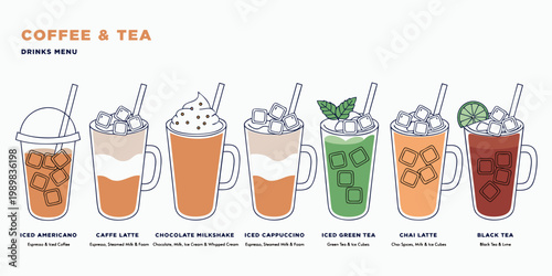 Vector illustration of a coffee and tea drinks menu with various iced beverages and milkshakes green tea black tea ice cubes food service drink bar beverages milkshake illustration restaurant