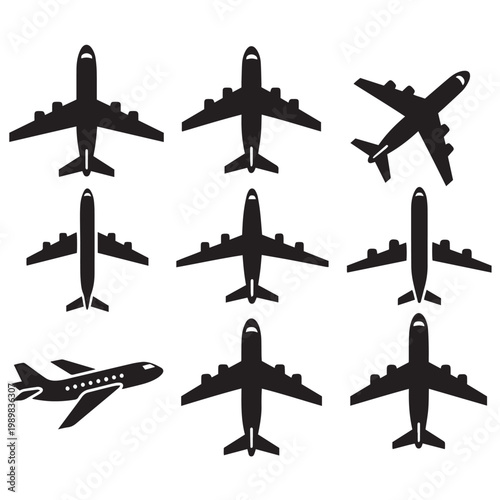 Airplane Silhouette Icon Set – Aviation and Travel Symbols