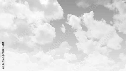 Beautiful white puffy clouds on a light grey sky background. 
