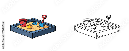 Square children sandbox with sand and toys in flat color and line styles featuring blue, red and yellow colors used for kids sensory play and beach activities