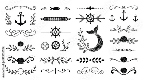 Nautical Ornaments and Decorative Elements Anchors, Ship Wheels, Fish, and Mermaids