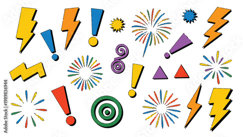 A vibrant collection of colorful cartoon-style lightning bolts, exclamation marks, and abstract celebratory bursts on a white background