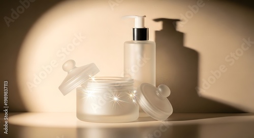 Luxury cosmetic products with frosted glass bottles and jars for skincare routine