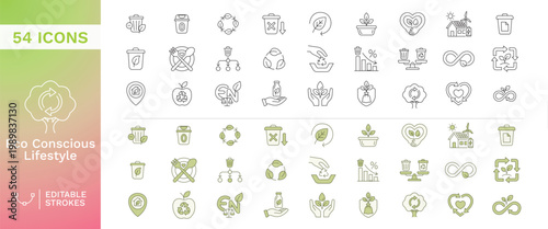 Sustainability and Eco-Conscious Lifestyle Icons Set featuring Recycling Symbols, Green Energy, Organic Food, and Environmental Protection Editable Stroke Vector Collection