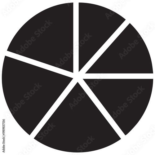 A simple circular pie chart divided into six uneven segments with a black and white