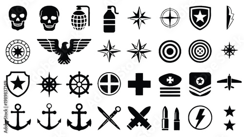 Essential Vector Icon Pack Military, Nautical, and Security Emblems in a Bold Black and White Style for Graphic Design Projects and Creative Use