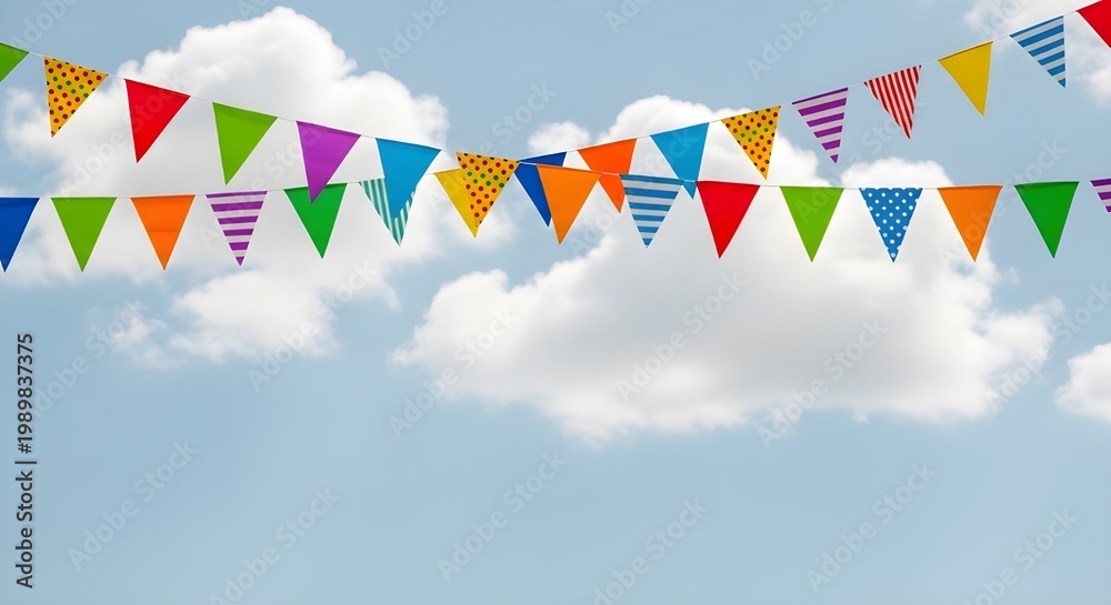 Obraz premium Colorful Triangular Pennant Flags Against Blue Sky