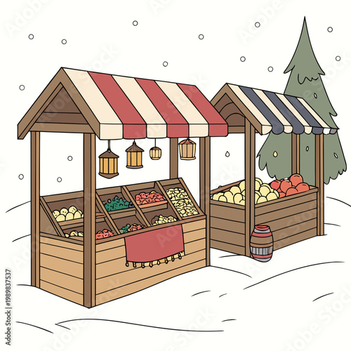 Outdoor winter street market stalls with wooden counters displaying seasonal goods and fresh produce market stall festival shopping seasonal merchandise commerce vegetables flurries tradition