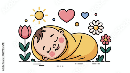 Cute cartoon illustration of a sleeping baby in a blanket, surrounded by flowers, a sun, and hearts, representing innocence and serenity