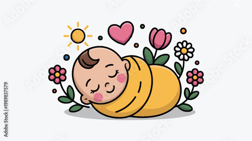 A charming cartoon illustration of a baby sleeping soundly, nestled amongst flowers and a heart, bathed in sunlight